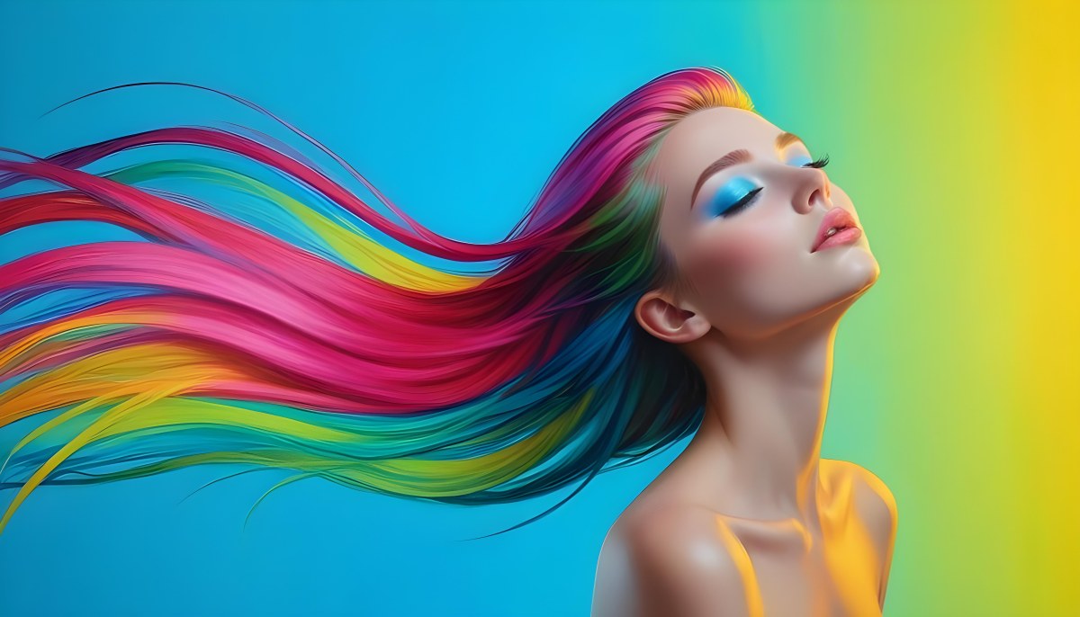 Oil Painting A Young Woman With Fair Skin And Long Vibrant Hair That Transitions Through Multiple Colors Including Pink Blue And Green She Has Green Eyes And Wears Bold Eye Makeup With Her Head Tilted Back And Eye 8 E8c6