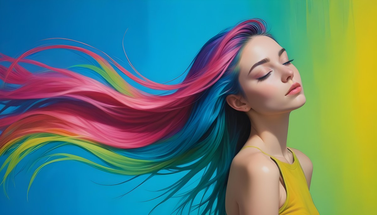 Oil Painting A Young Woman With Fair Skin And Long Vibrant Hair That Transitions Through Multiple Colors Including Pink Blue And Green She Has Green Eyes And Wears Bold Eye Makeup With Her Head Tilted Back And Eye 9 C230