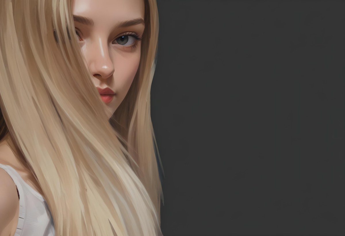 Oil Painting A Young Woman With Long Straight Blonde Hair Partially Obscured By Her Hair She Has Light Skin And Is Looking Towards The Camera The Background Is A Solid Dark Color Creative Extremely Detailed Brush 5 4c01