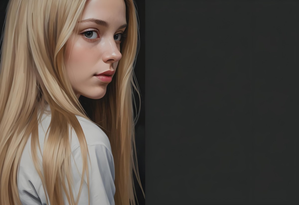 Oil Painting A Young Woman With Long Straight Blonde Hair Partially Obscured By Her Hair She Has Light Skin And Is Looking Towards The Camera The Background Is A Solid Dark Color Creative Extremely Detailed Brush 6 F55f
