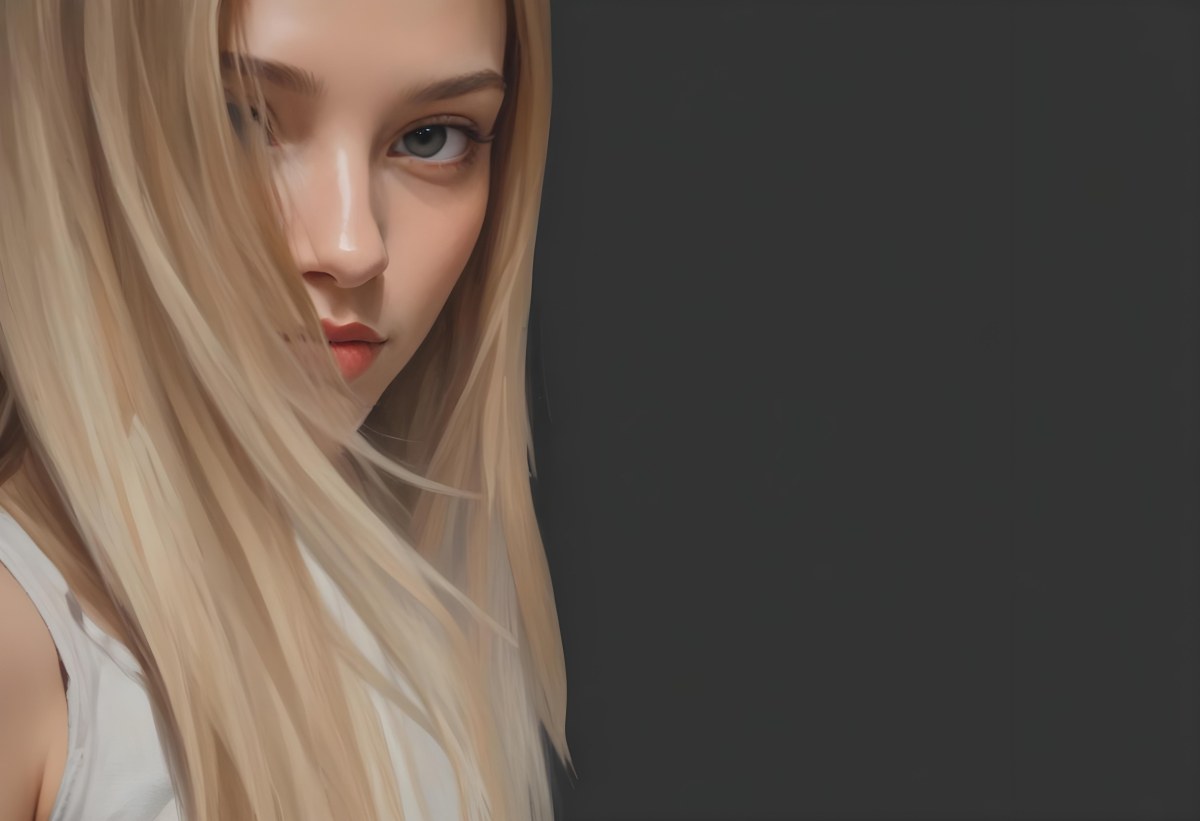 Oil Painting A Young Woman With Long Straight Blonde Hair Partially Obscured By Her Hair She Has Light Skin And Is Looking Towards The Camera The Background Is A Solid Dark Color Creative Extremely Detailed Brush 7 F505