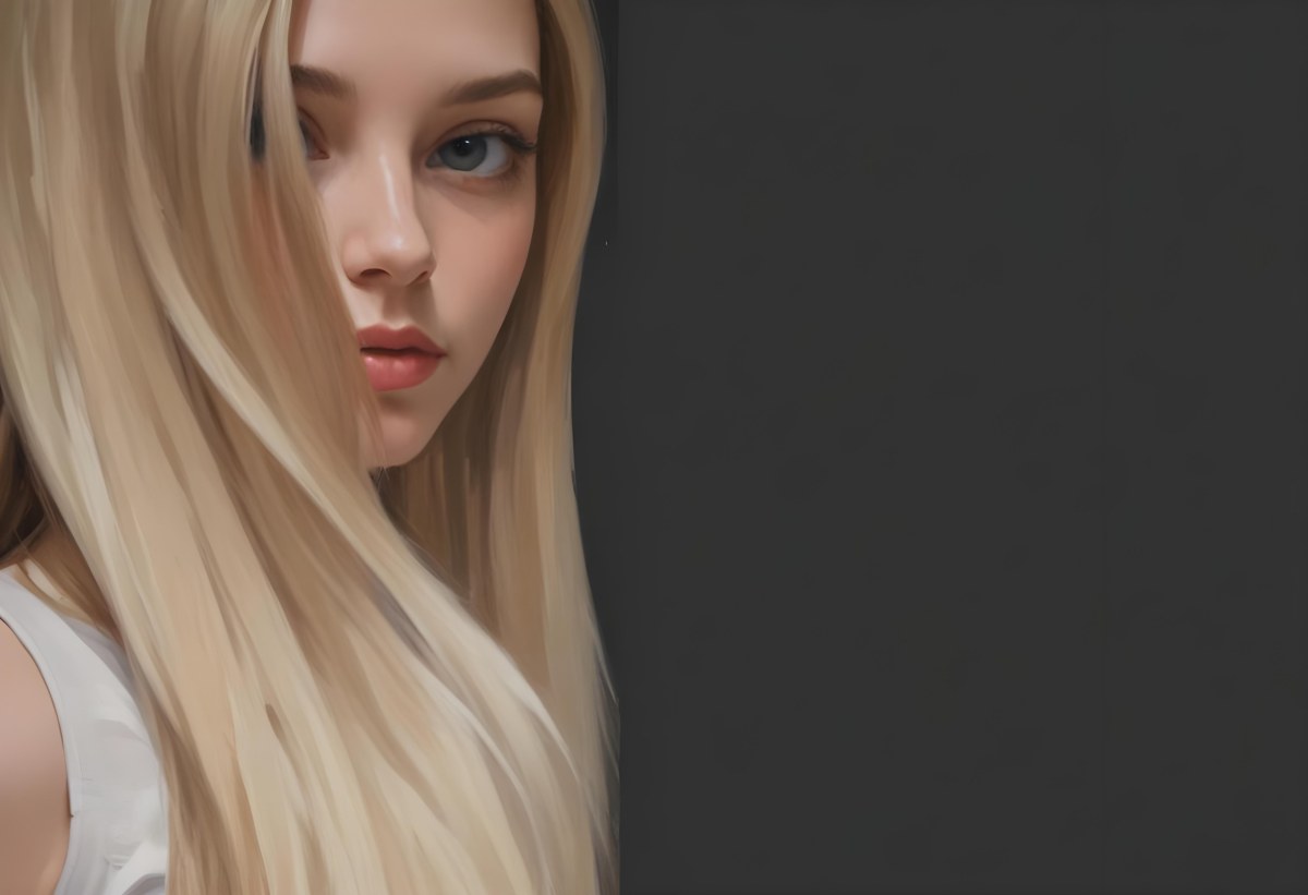 Oil Painting A Young Woman With Long Straight Blonde Hair Partially Obscured By Her Hair She Has Light Skin And Is Looking Towards The Camera The Background Is A Solid Dark Color Creative Extremely Detailed Brush 8 3d42