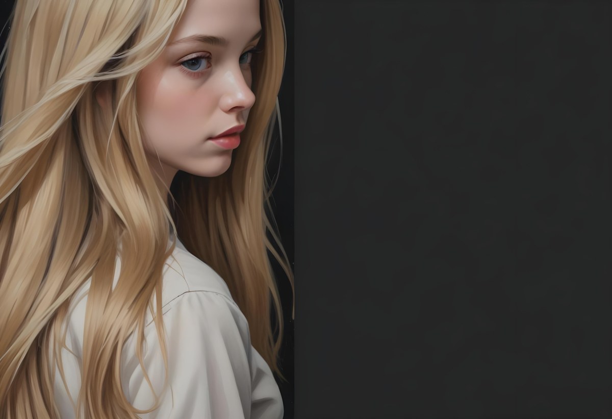 Oil Painting A Young Woman With Long Straight Blonde Hair Partially Obscured By Her Hair She Has Light Skin And Is Looking Towards The Camera The Background Is A Solid Dark Color Creative Extremely Detailed Brush 9 3df4