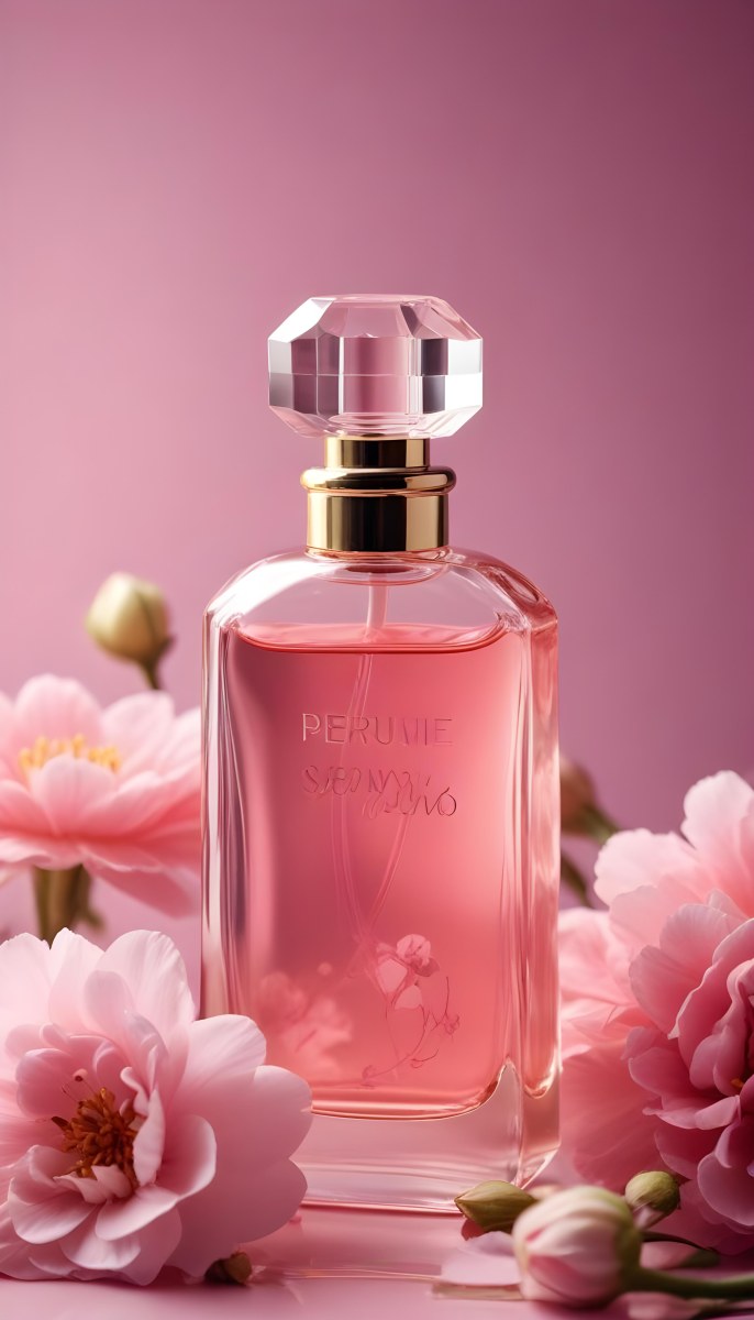 Perfume Bottle With Pink Liquid And Flowers Inside Pink Flowers Around The Bottle Pink Background 12 Fb32