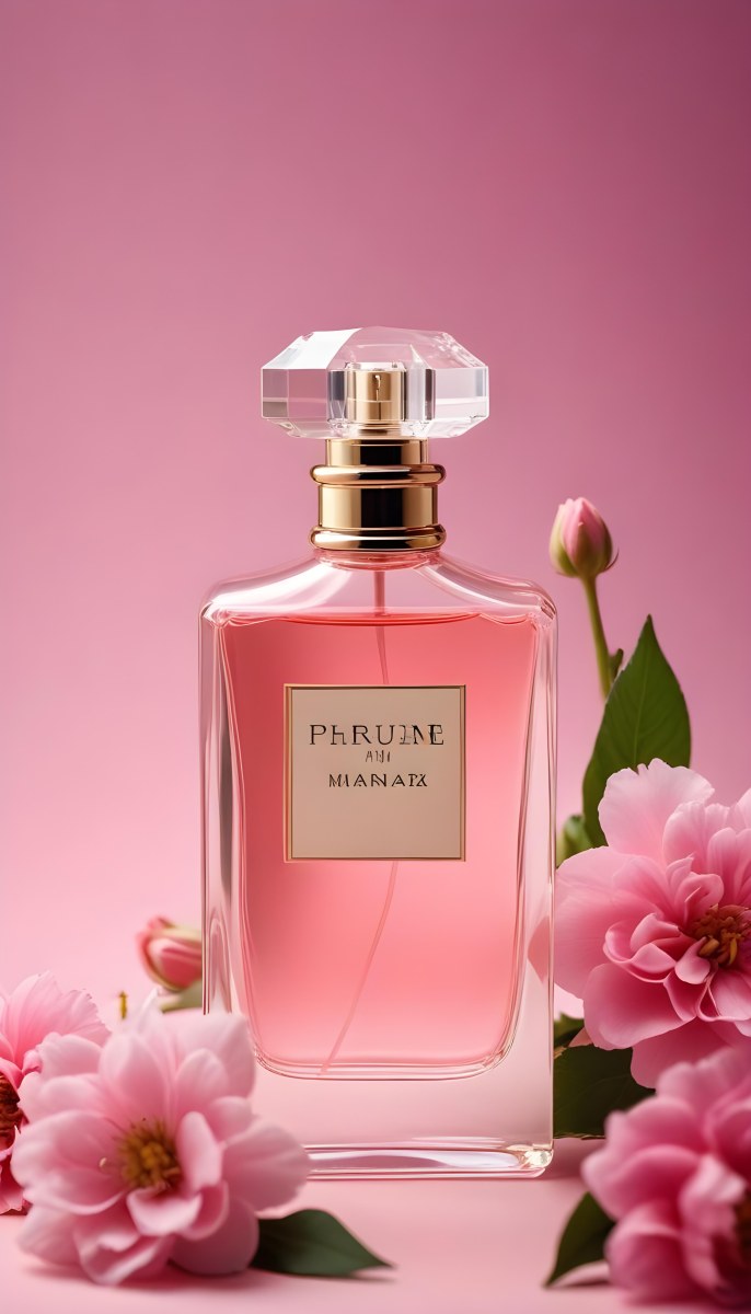 Perfume Bottle With Pink Liquid And Flowers Inside Pink Flowers Around The Bottle Pink Background 13 A317