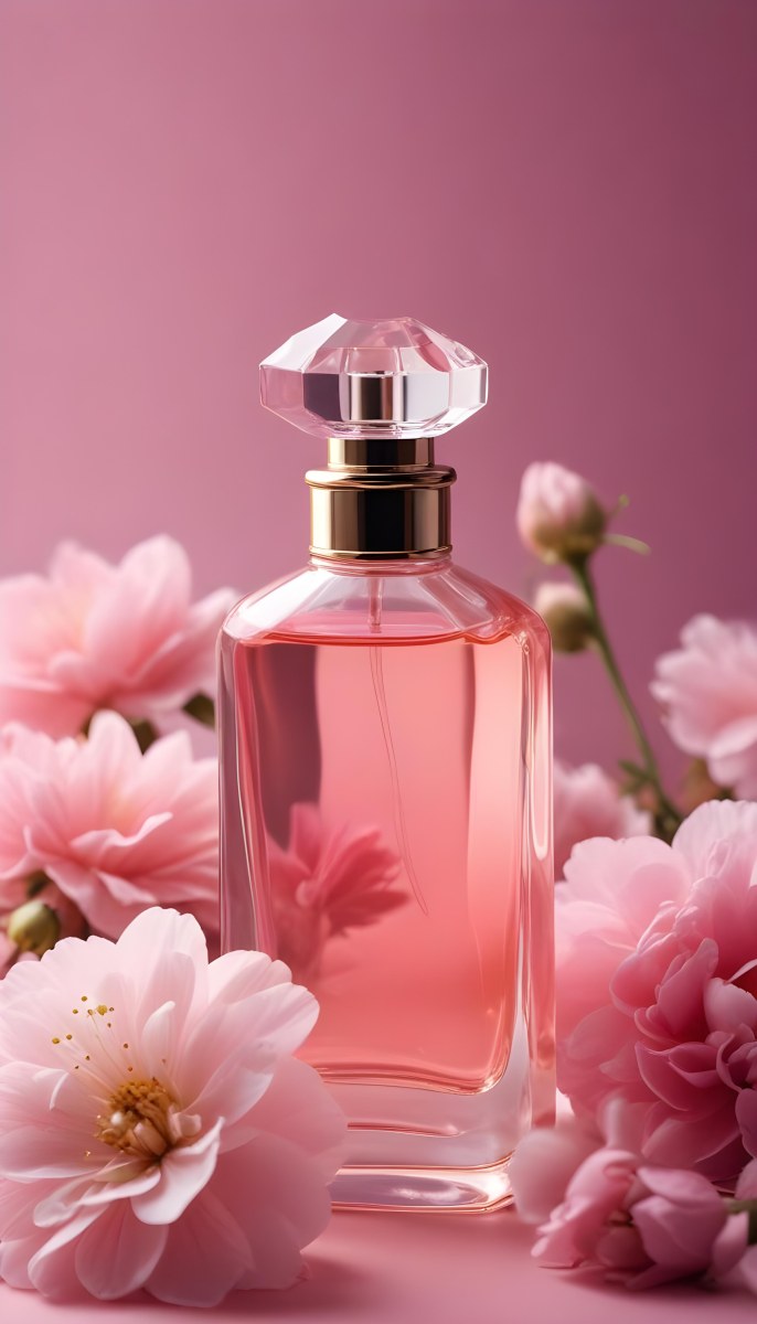 Perfume Bottle With Pink Liquid And Flowers Inside Pink Flowers Around The Bottle Pink Background 15 26ab