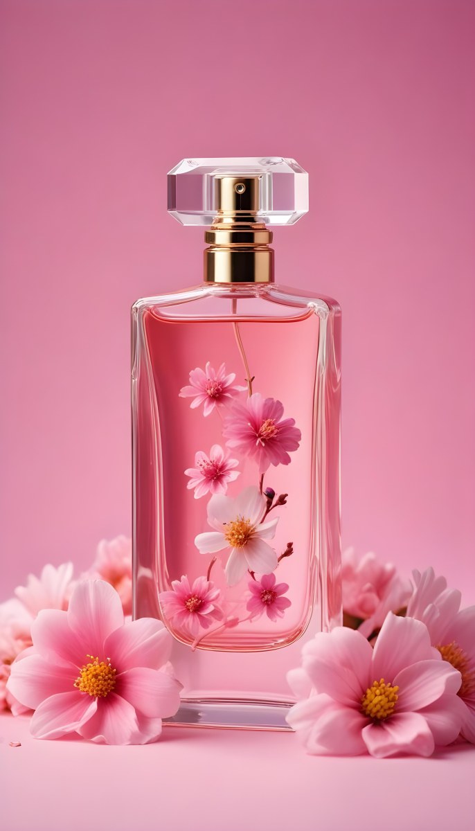 Perfume Bottle With Pink Liquid And Flowers Inside Pink Flowers Around The Bottle Pink Background 16 6b38