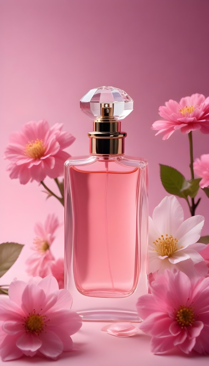 Perfume Bottle With Pink Liquid And Flowers Inside Pink Flowers Around The Bottle Pink Background 17 45b8