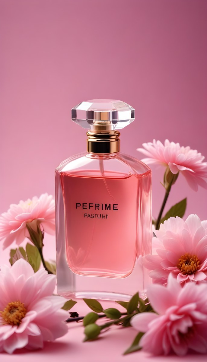 Perfume Bottle With Pink Liquid And Flowers Inside Pink Flowers Around The Bottle Pink Background 21 Af5d