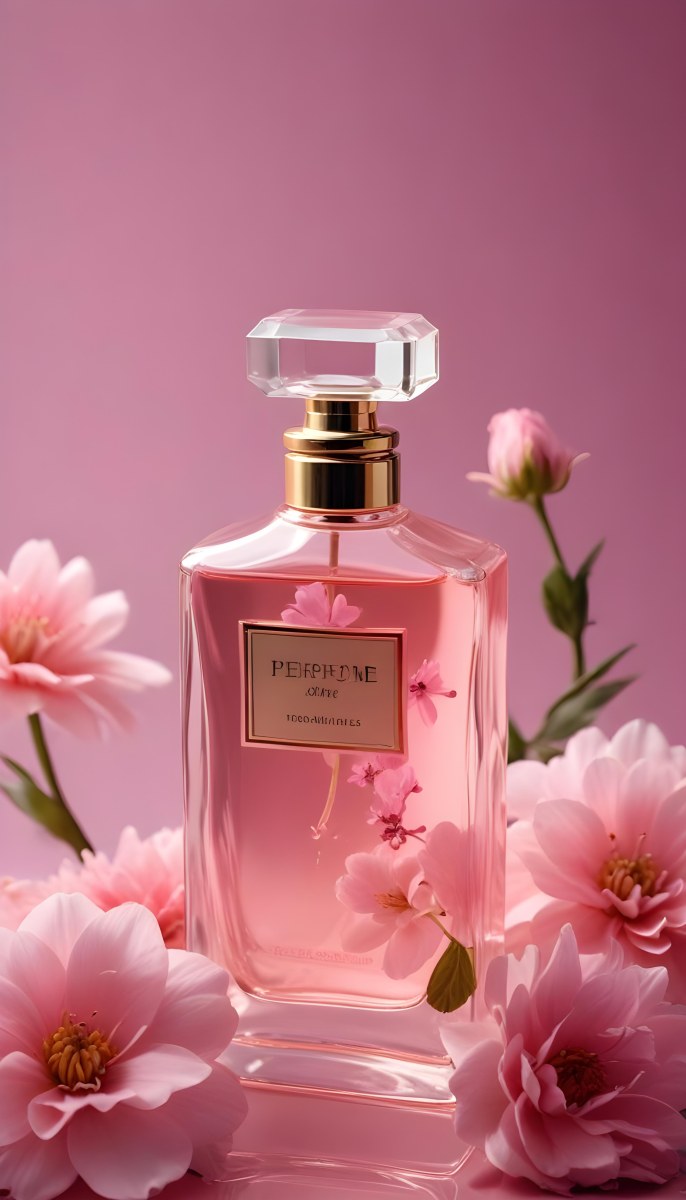 Perfume Bottle With Pink Liquid And Flowers Inside Pink Flowers Around The Bottle Pink Background 22 5df8