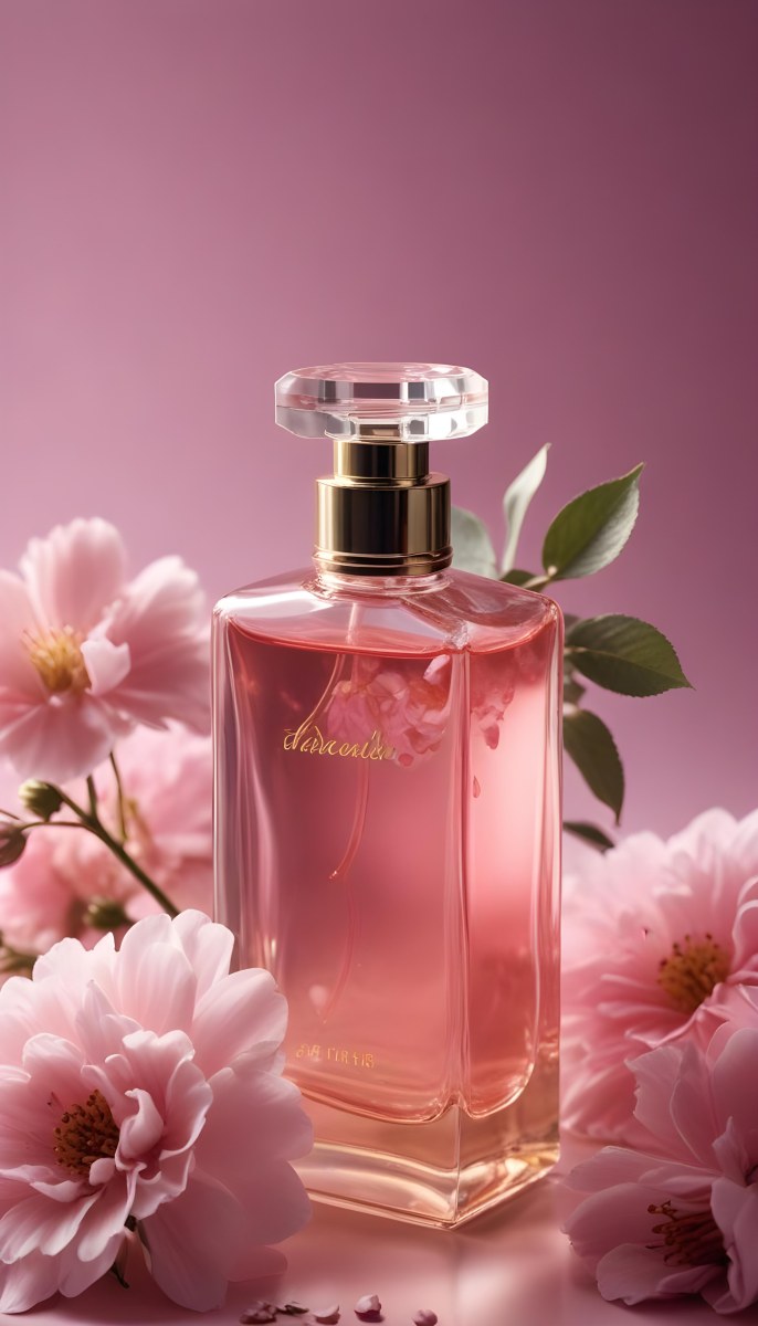 Perfume Bottle With Pink Liquid And Flowers Inside Pink Flowers Around The Bottle Pink Background 23 218f