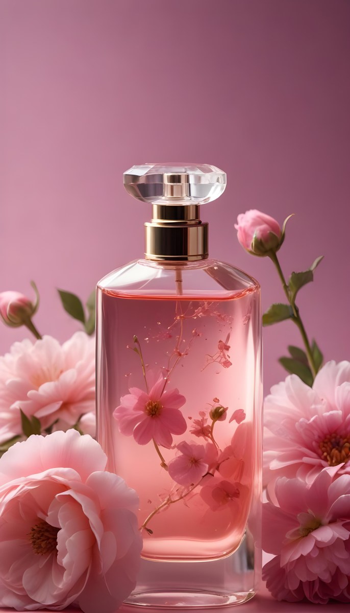 Perfume Bottle With Pink Liquid And Flowers Inside Pink Flowers Around The Bottle Pink Background 25 793f