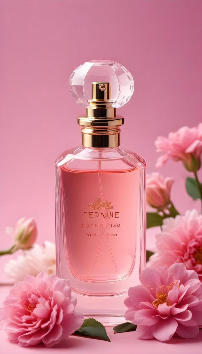 Perfume Bottle With Pink Liquid And Flowers Inside Pink Flowers Around The Bottle Pink Background 3 Cfc5