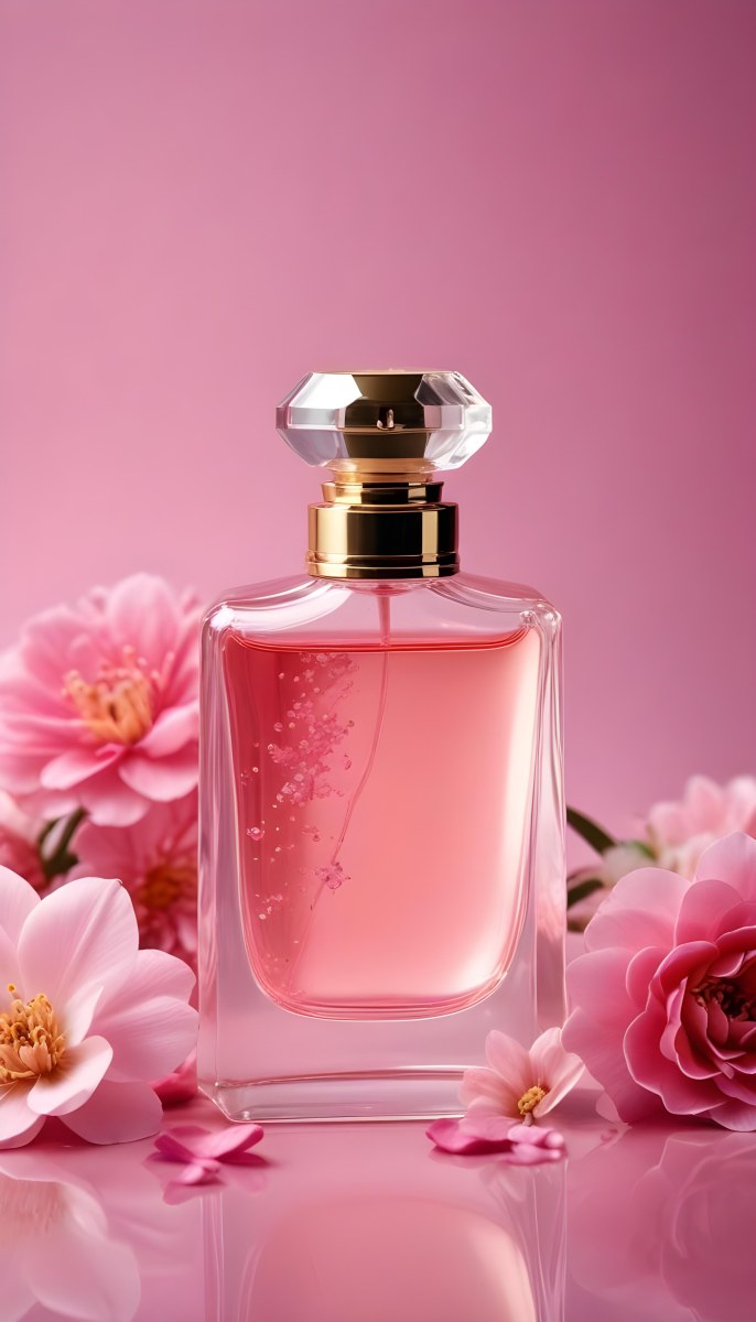 Perfume Bottle With Pink Liquid And Flowers Inside Pink Flowers Around The Bottle Pink Background 4 3a43