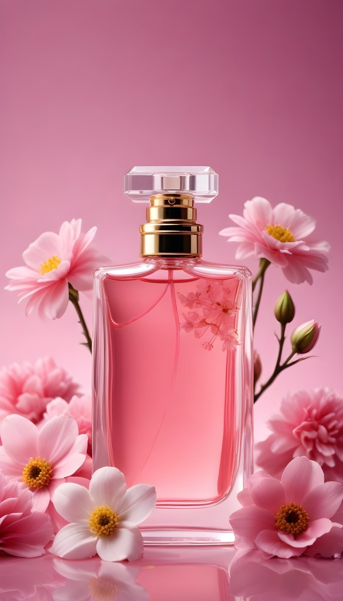 Perfume Bottle With Pink Liquid And Flowers Inside Pink Flowers Around The Bottle Pink Background 6 Caf4