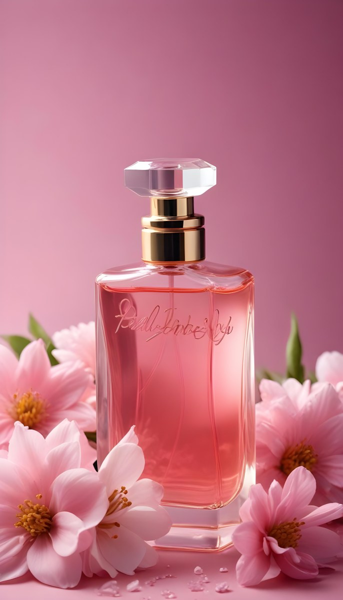 Perfume Bottle With Pink Liquid And Flowers Inside Pink Flowers Around The Bottle Pink Background 7 930e