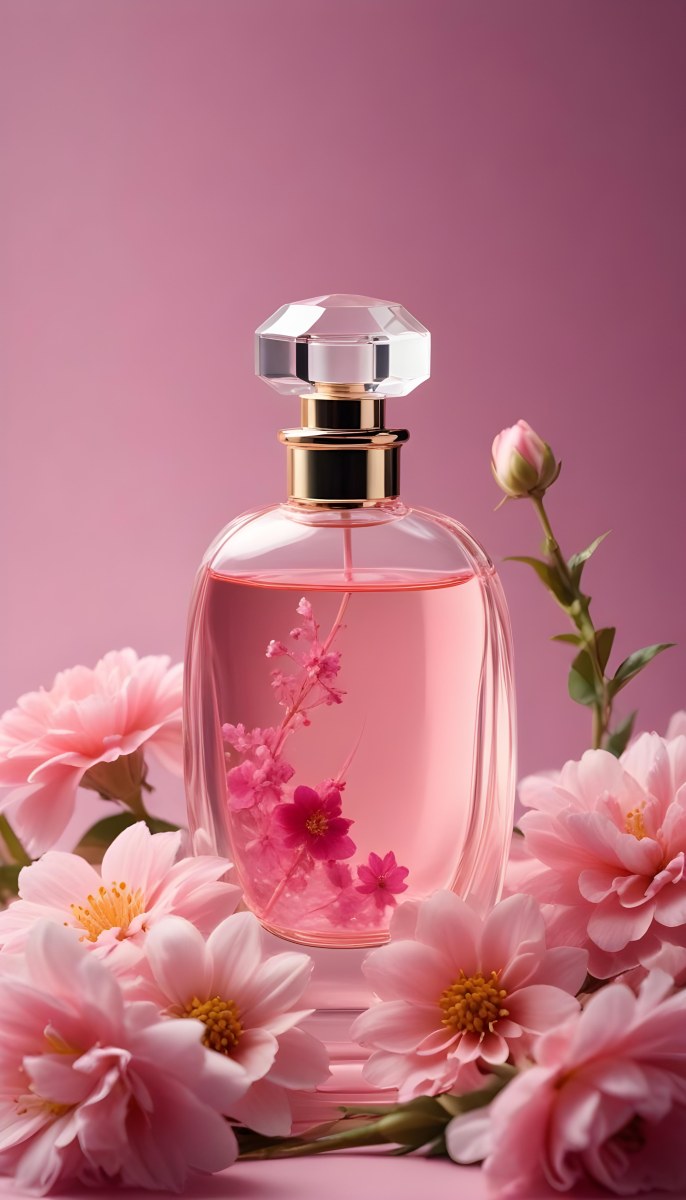 Perfume Bottle With Pink Liquid And Flowers Inside Pink Flowers Around The Bottle Pink Background 8 8068