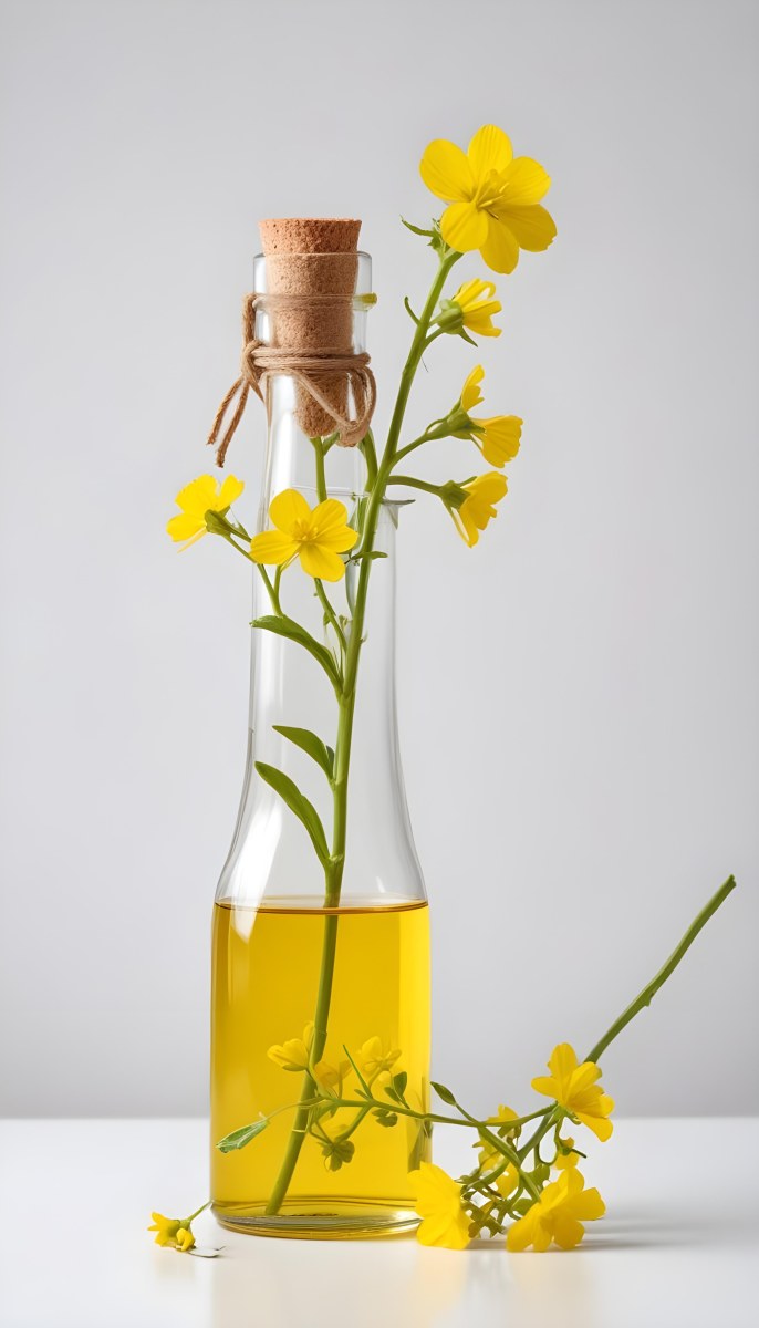 Rapeseed Oil In A Glass Bottle With A Thin Neck Tied With A String Next To A Rapeseed Flower On A White Background 9 4e23