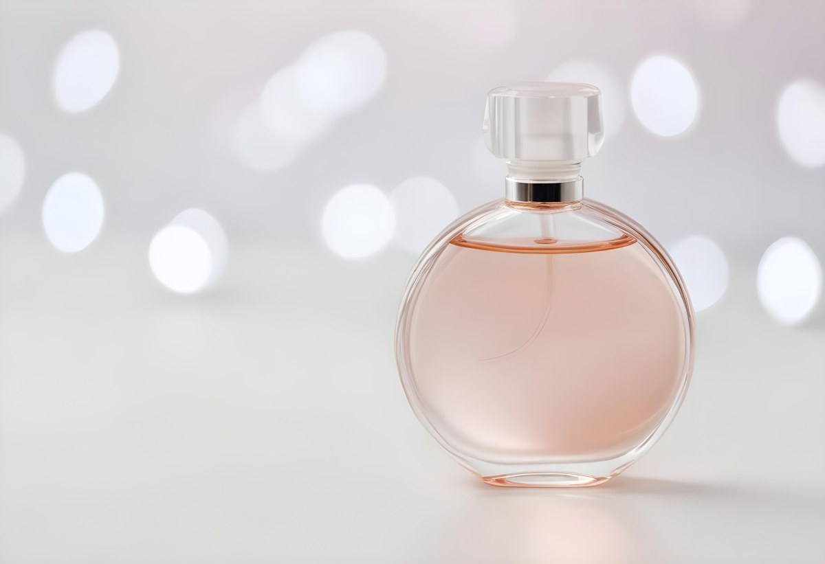 Round Perfume Bottle With A Transparent Cap Filled With A Light Pink Liquid On A White Surface With A Bokeh Background 26 C8f2