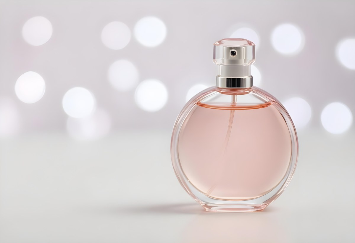 Round Perfume Bottle With A Transparent Cap Filled With A Light Pink Liquid On A White Surface With A Bokeh Background 28 225b