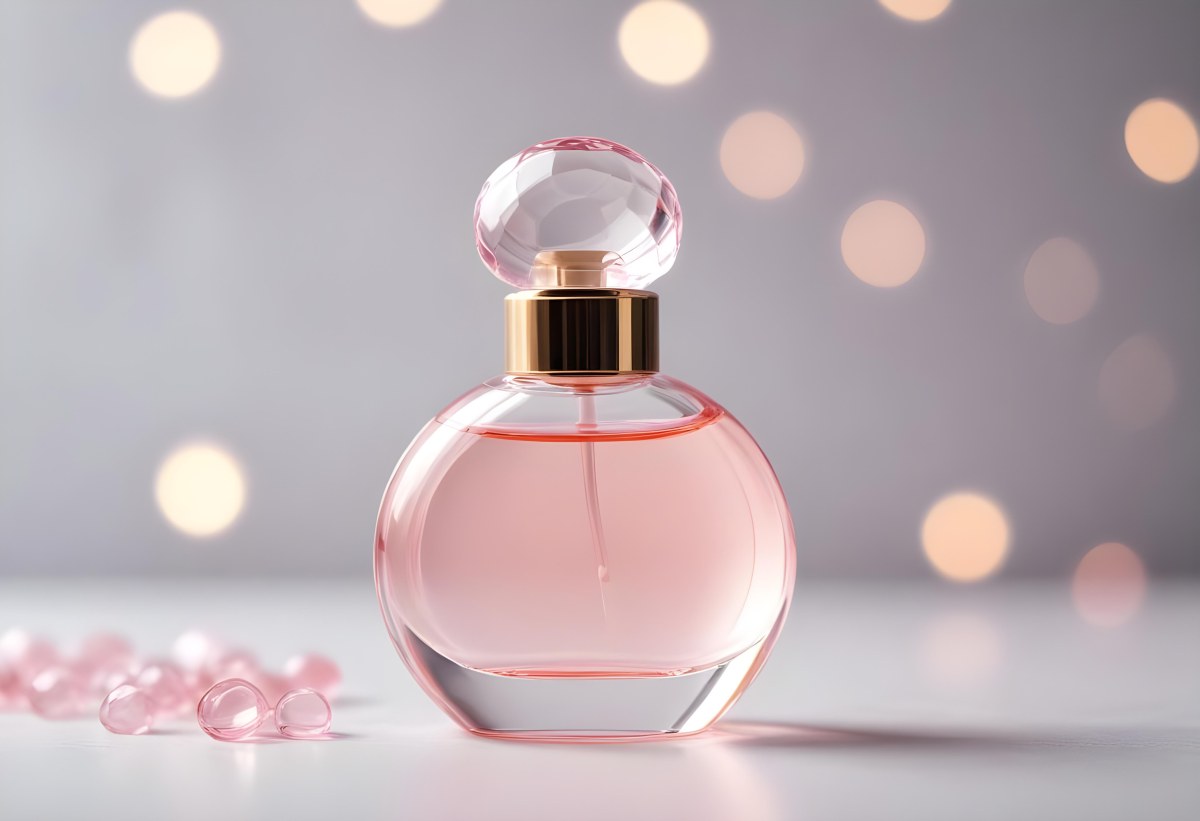 Round Perfume Bottle With A Transparent Cap Filled With A Light Pink Liquid On A White Surface With A Bokeh Background 29 B3a0