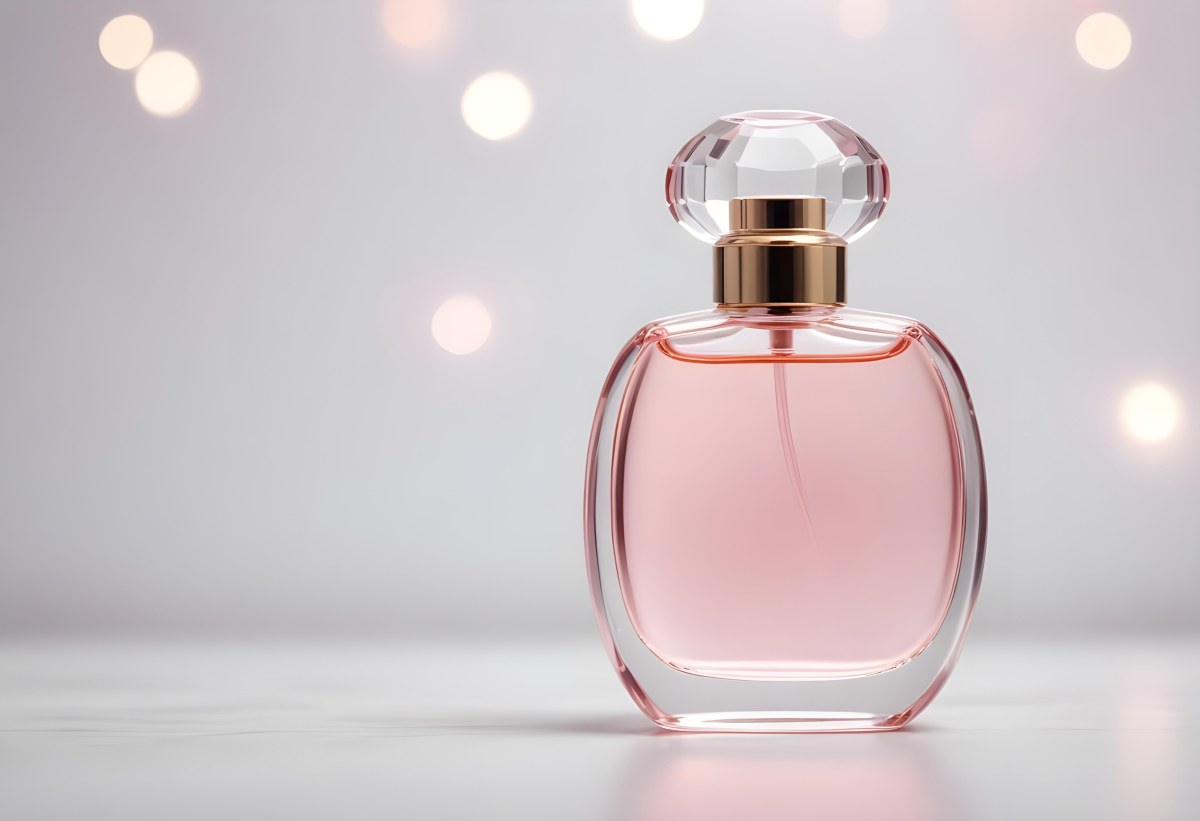 Round Perfume Bottle With A Transparent Cap Filled With A Light Pink Liquid On A White Surface With A Bokeh Background 3 0db1