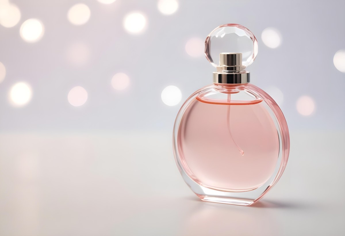 Round Perfume Bottle With A Transparent Cap Filled With A Light Pink Liquid On A White Surface With A Bokeh Background 30 004d