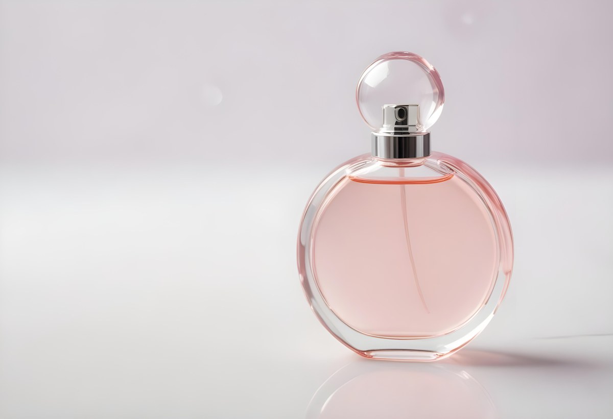 Round Perfume Bottle With A Transparent Cap Filled With A Light Pink Liquid On A White Surface With A Bokeh Background 31 2b1c