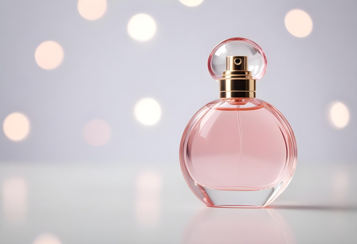 Round Perfume Bottle With A Transparent Cap Filled With A Light Pink Liquid On A White Surface With A Bokeh Background 32 0299