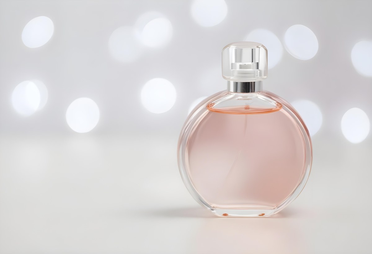 Round Perfume Bottle With A Transparent Cap Filled With A Light Pink Liquid On A White Surface With A Bokeh Background 4 F7c1