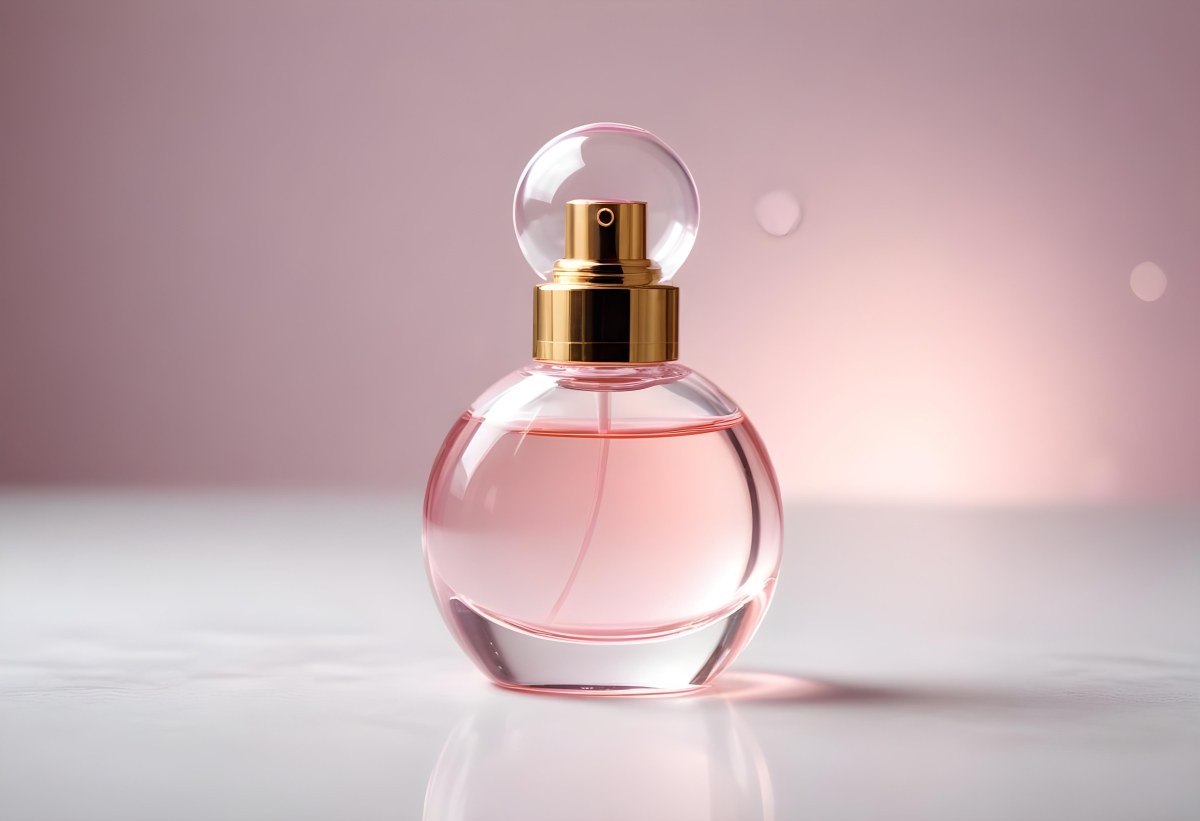 Round Perfume Bottle With A Transparent Cap Filled With A Light Pink Liquid On A White Surface With A Bokeh Background 7 4876