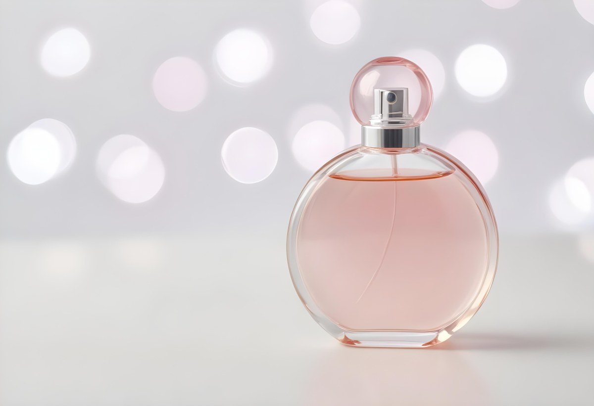 Round Perfume Bottle With A Transparent Cap Filled With A Light Pink Liquid On A White Surface With A Bokeh Background 8 2bb8