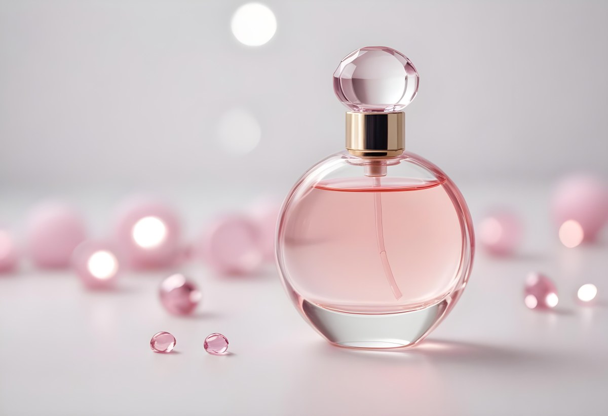 Round Perfume Bottle With A Transparent Cap Filled With A Light Pink Liquid On A White Surface With A Bokeh Background 9 6a61