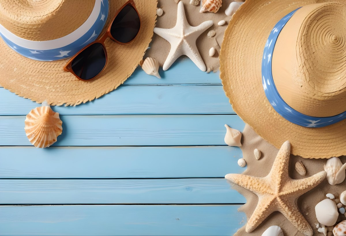 Straw Hat And Sunglasses Next To Seashells And A Starfish On A Sandy Beach With A Blue Wooden Surface In The Background 1 Ebf5