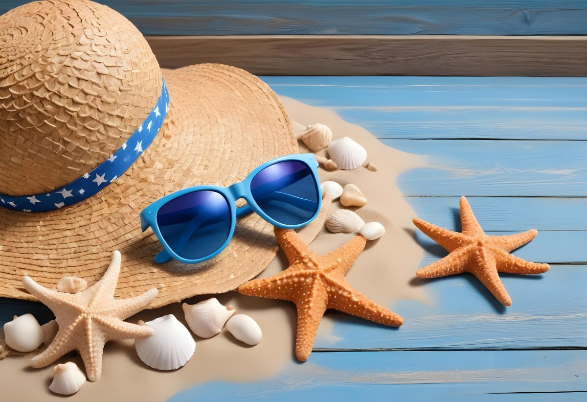 Straw Hat And Sunglasses Next To Seashells And A Starfish On A Sandy Beach With A Blue Wooden Surface In The Background 12 Ee8b