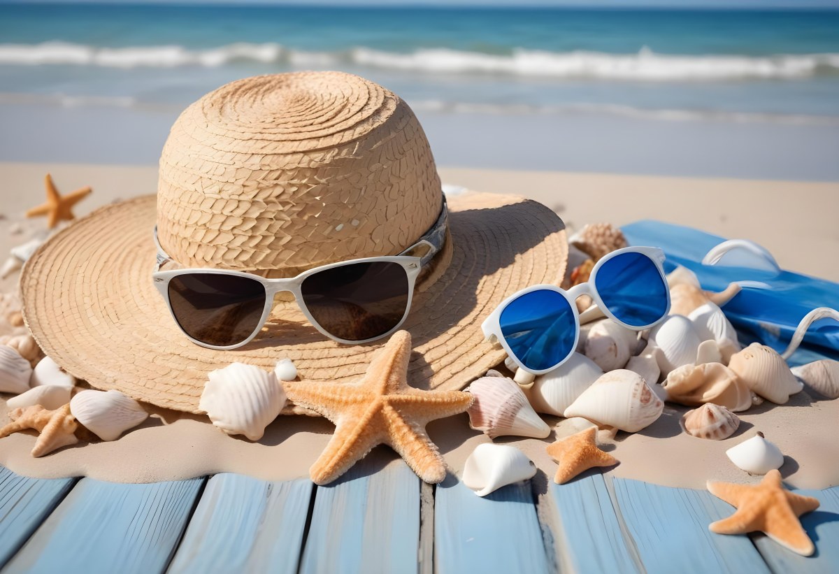 Straw Hat And Sunglasses Next To Seashells And A Starfish On A Sandy Beach With A Blue Wooden Surface In The Background 13 46f8