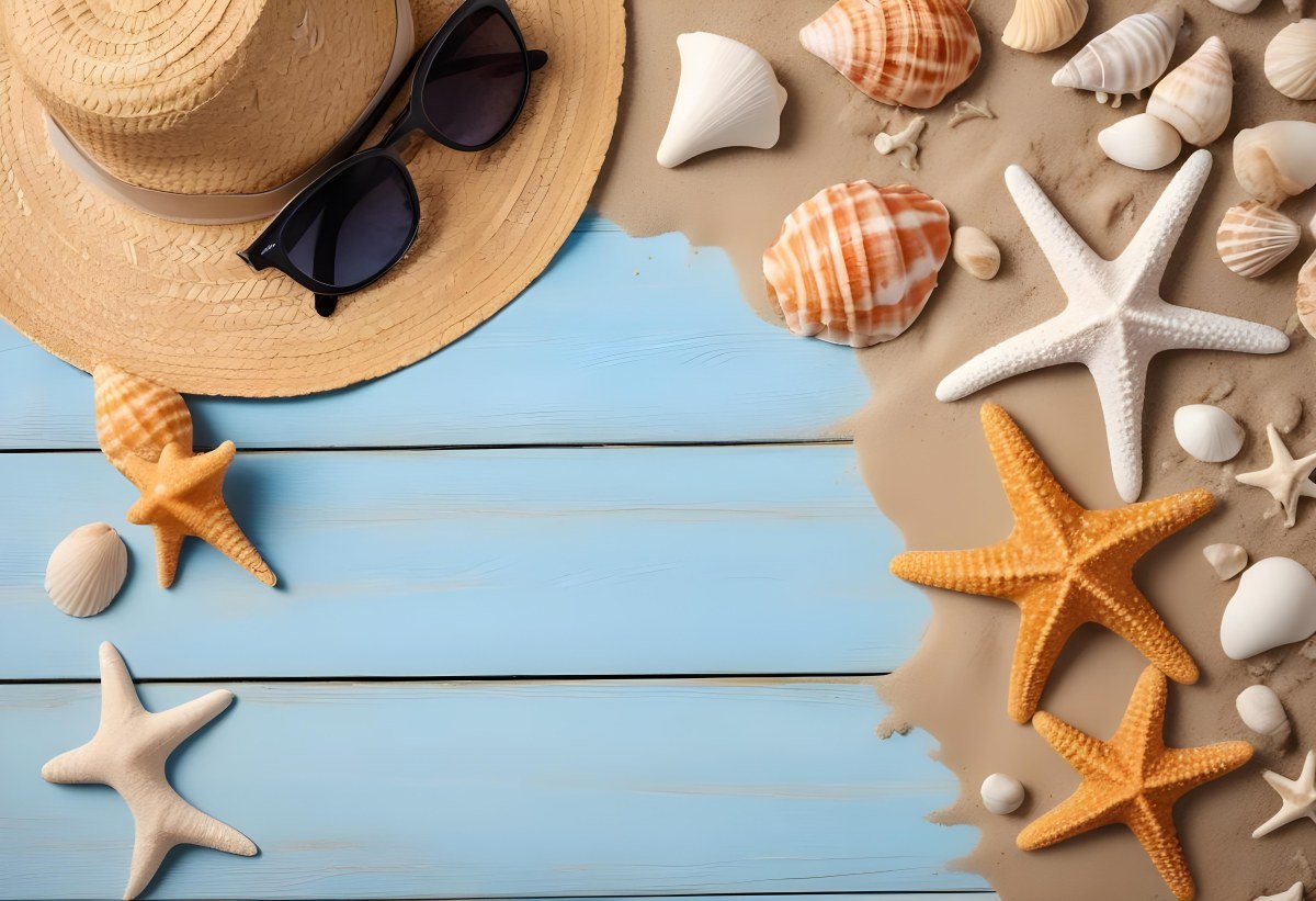Straw Hat And Sunglasses Next To Seashells And A Starfish On A Sandy Beach With A Blue Wooden Surface In The Background 14 7c19