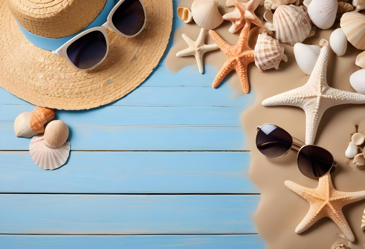 Straw Hat And Sunglasses Next To Seashells And A Starfish On A Sandy Beach With A Blue Wooden Surface In The Background 16 31ab
