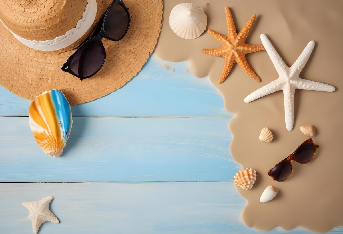 Straw Hat And Sunglasses Next To Seashells And A Starfish On A Sandy Beach With A Blue Wooden Surface In The Background 18 2f82