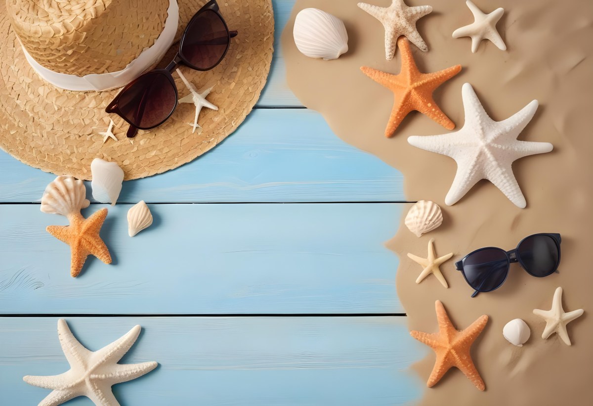 Straw Hat And Sunglasses Next To Seashells And A Starfish On A Sandy Beach With A Blue Wooden Surface In The Background 5 D3dc