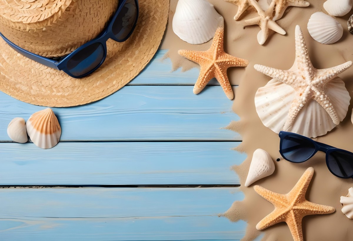 Straw Hat And Sunglasses Next To Seashells And A Starfish On A Sandy Beach With A Blue Wooden Surface In The Background 8 7f47