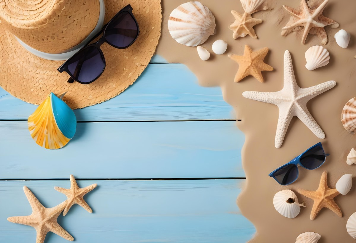 Straw Hat And Sunglasses Next To Seashells And A Starfish On A Sandy Beach With A Blue Wooden Surface In The Background 9 8e83