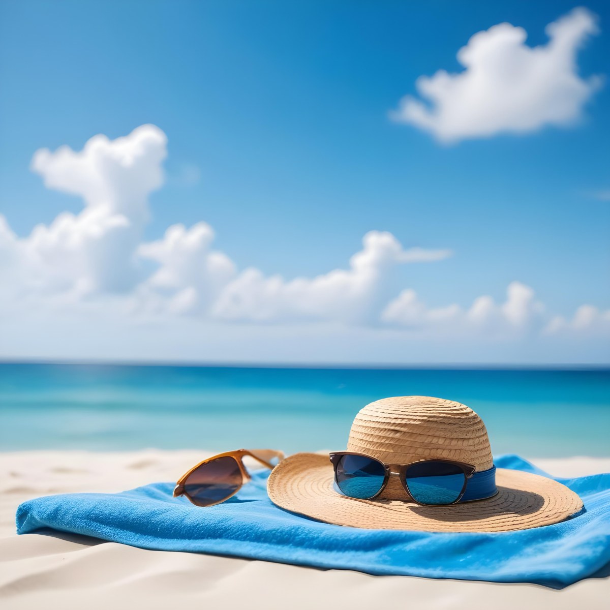 Straw Hat And Sunglasses On A Blue Towel In A White Sand Beach With A Blue Sky And The Ocean In The Background 7 F31d