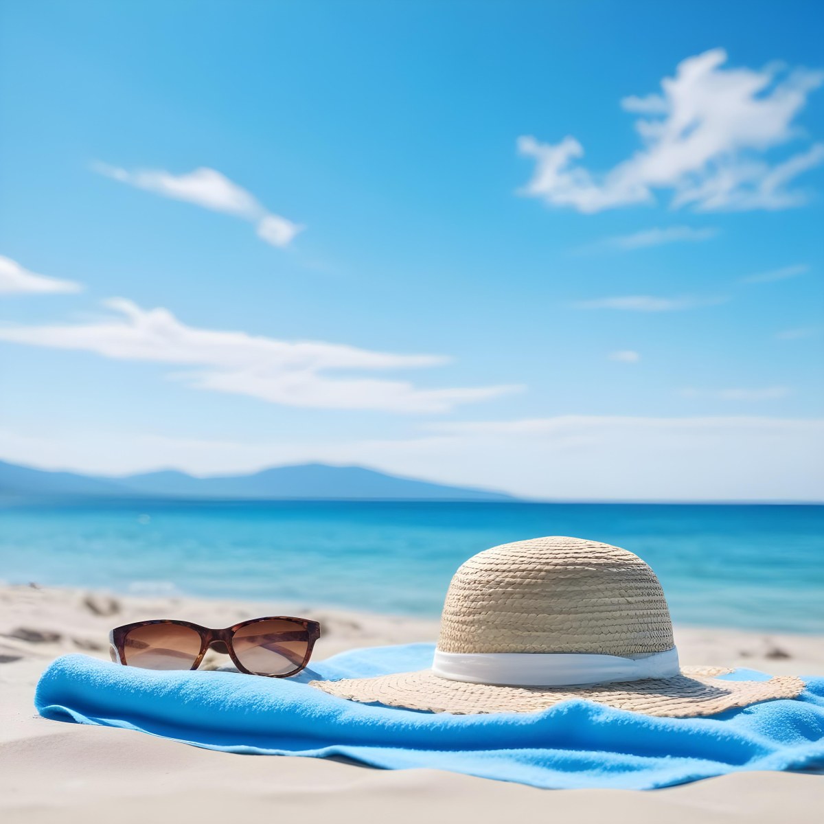 Straw Hat And Sunglasses On A Blue Towel In A White Sand Beach With A Blue Sky And The Ocean In The Background 8 E2ff