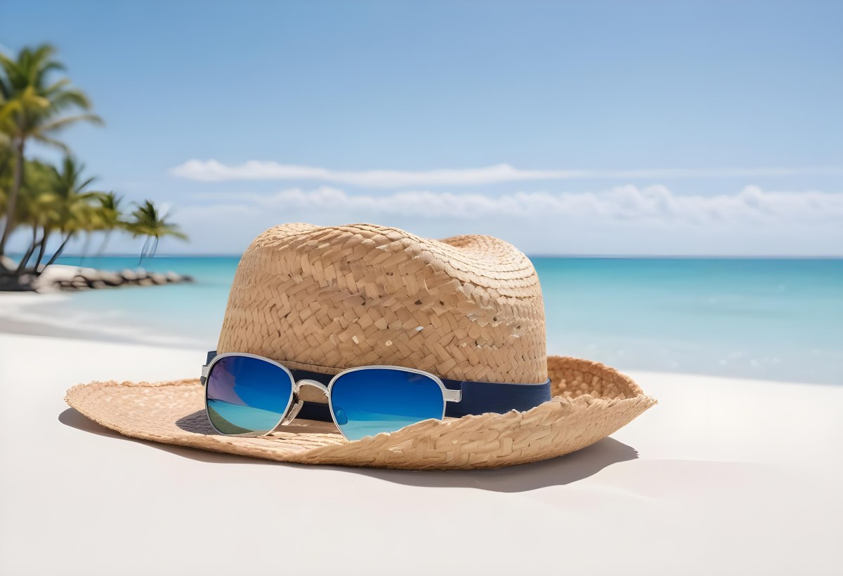 Straw Hat And Sunglasses On A White Sand Beach With A Clear Blue Sky And Ocean In The Background 32 Fc5c