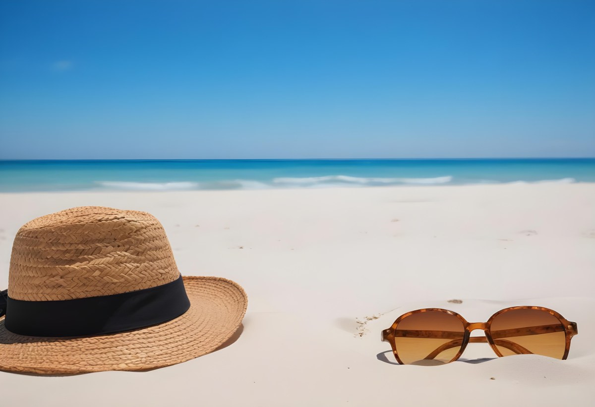 Straw Hat And Sunglasses On A White Sand Beach With A Clear Blue Sky And Ocean In The Background 6 A290