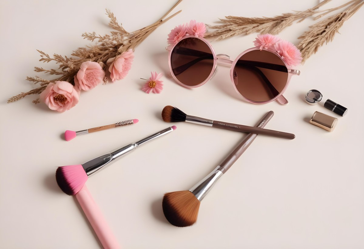 Sunglasses With Brown Lenses A Pink Hairband Pink Lipstick A Brown Lipstick Pink Nail Polish A Round Makeup Brush Small Silver Earrings Dried Flowers And False Eyelashes Arranged On A Light Colored Surface 2 Fb69