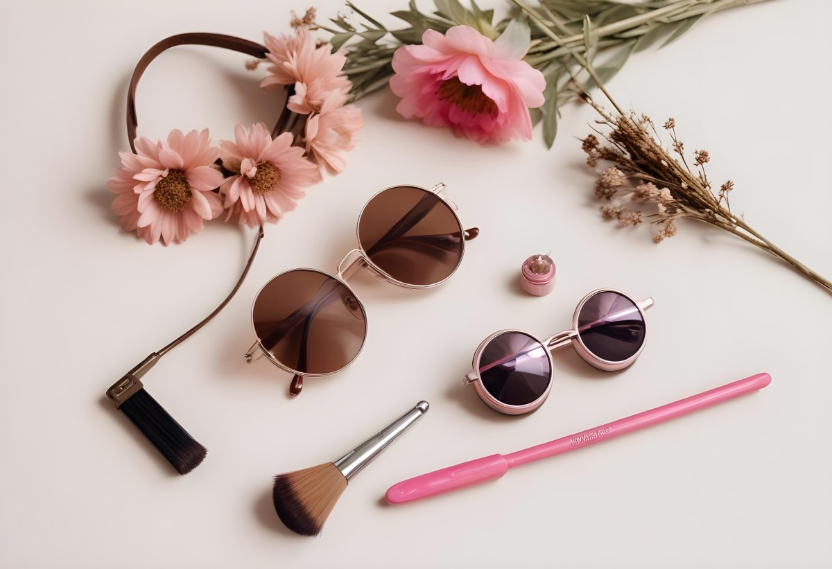 Sunglasses With Brown Lenses A Pink Hairband Pink Lipstick A Brown Lipstick Pink Nail Polish A Round Makeup Brush Small Silver Earrings Dried Flowers And False Eyelashes Arranged On A Light Colored Surface 4 D057