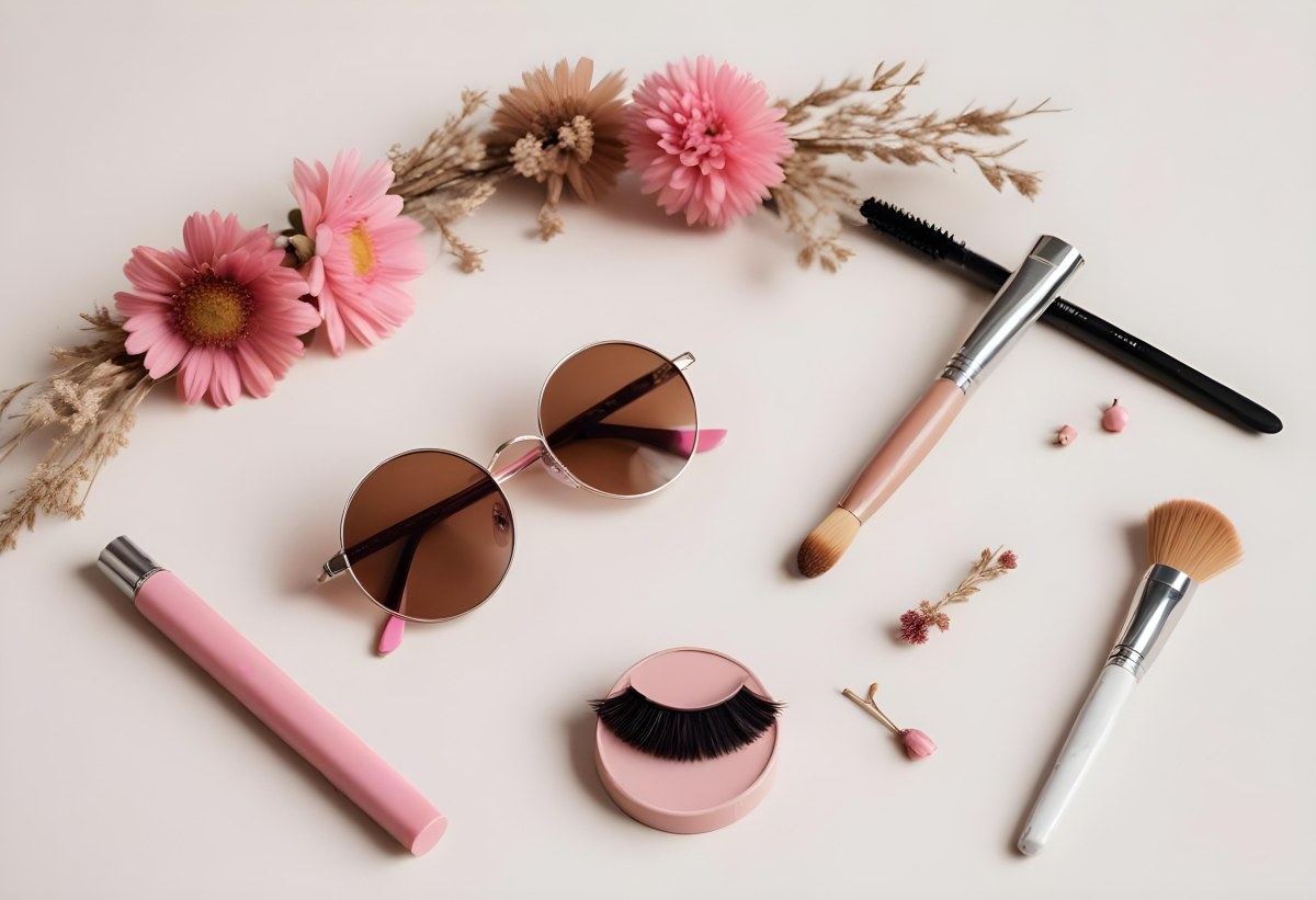 Sunglasses With Brown Lenses A Pink Hairband Pink Lipstick A Brown Lipstick Pink Nail Polish A Round Makeup Brush Small Silver Earrings Dried Flowers And False Eyelashes Arranged On A Light Colored Surface 5 062d