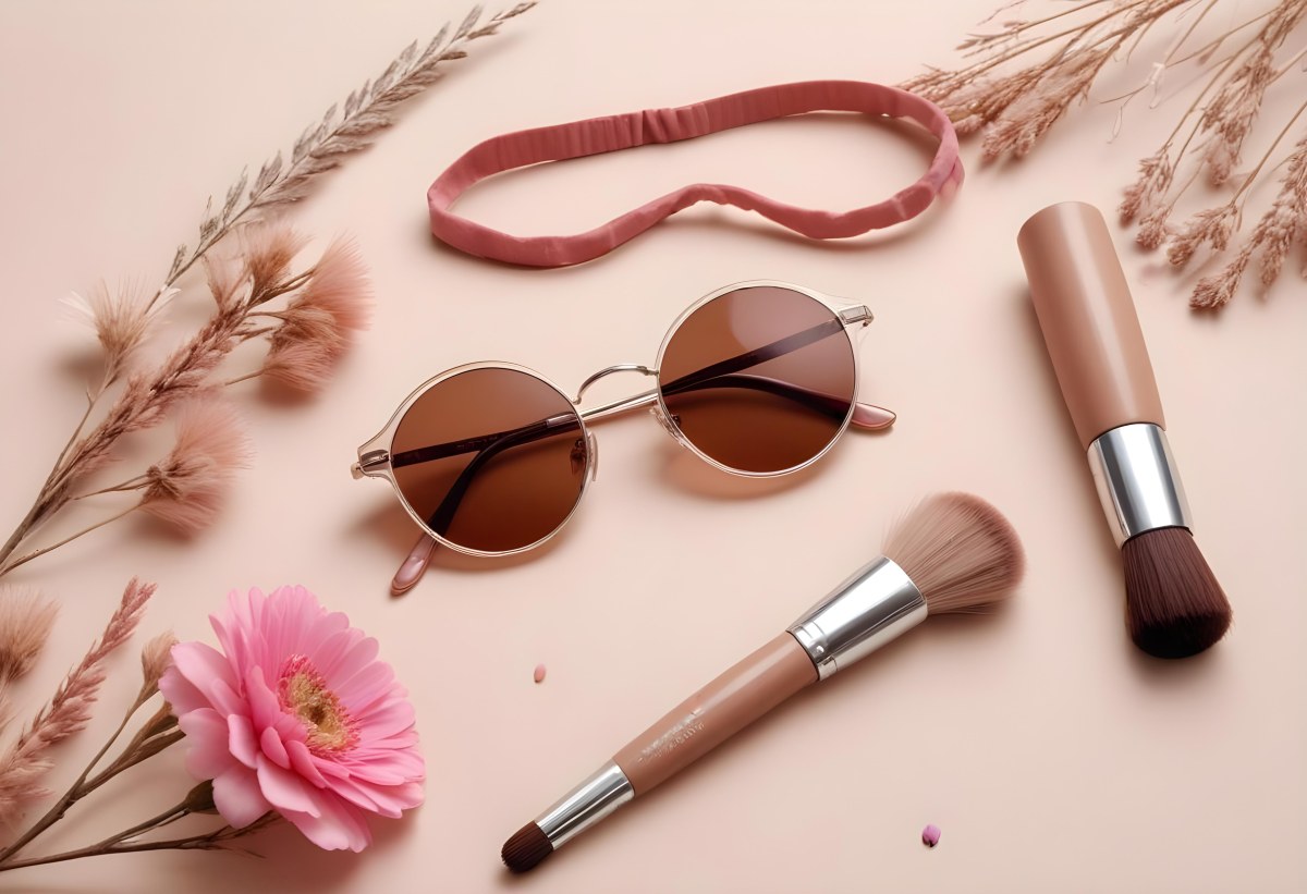 Sunglasses With Brown Lenses A Pink Hairband Pink Lipstick A Brown Lipstick Pink Nail Polish A Round Makeup Brush Small Silver Earrings Dried Flowers And False Eyelashes Arranged On A Light Colored Surface 6 059d